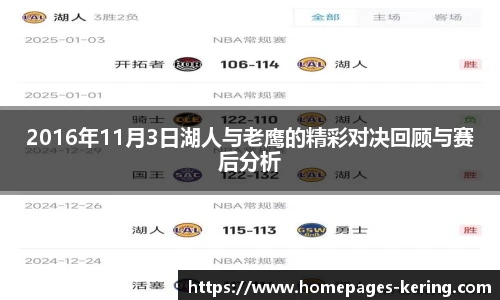2016年11月3日湖人与老鹰的精彩对决回顾与赛后分析